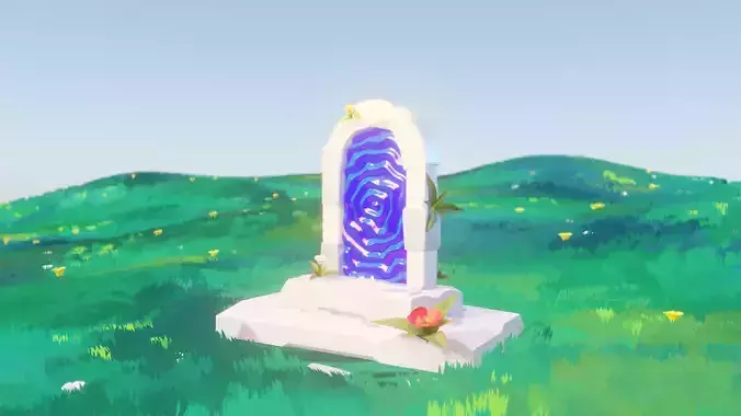 portal tombstone in middle of grassy field