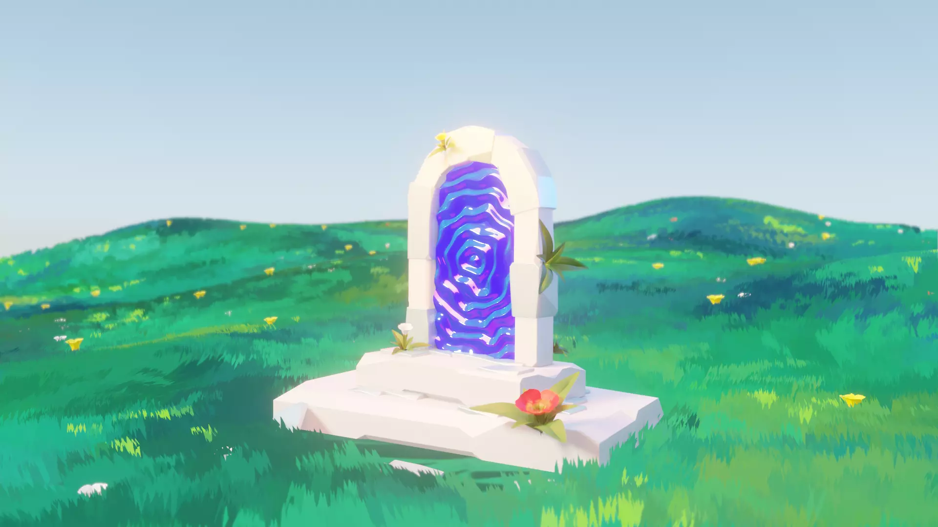portal tombstone in middle of grassy field Low-poly 3D model_0
