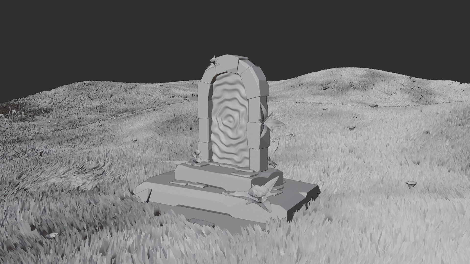 portal tombstone in middle of grassy field Low-poly 3D model_7