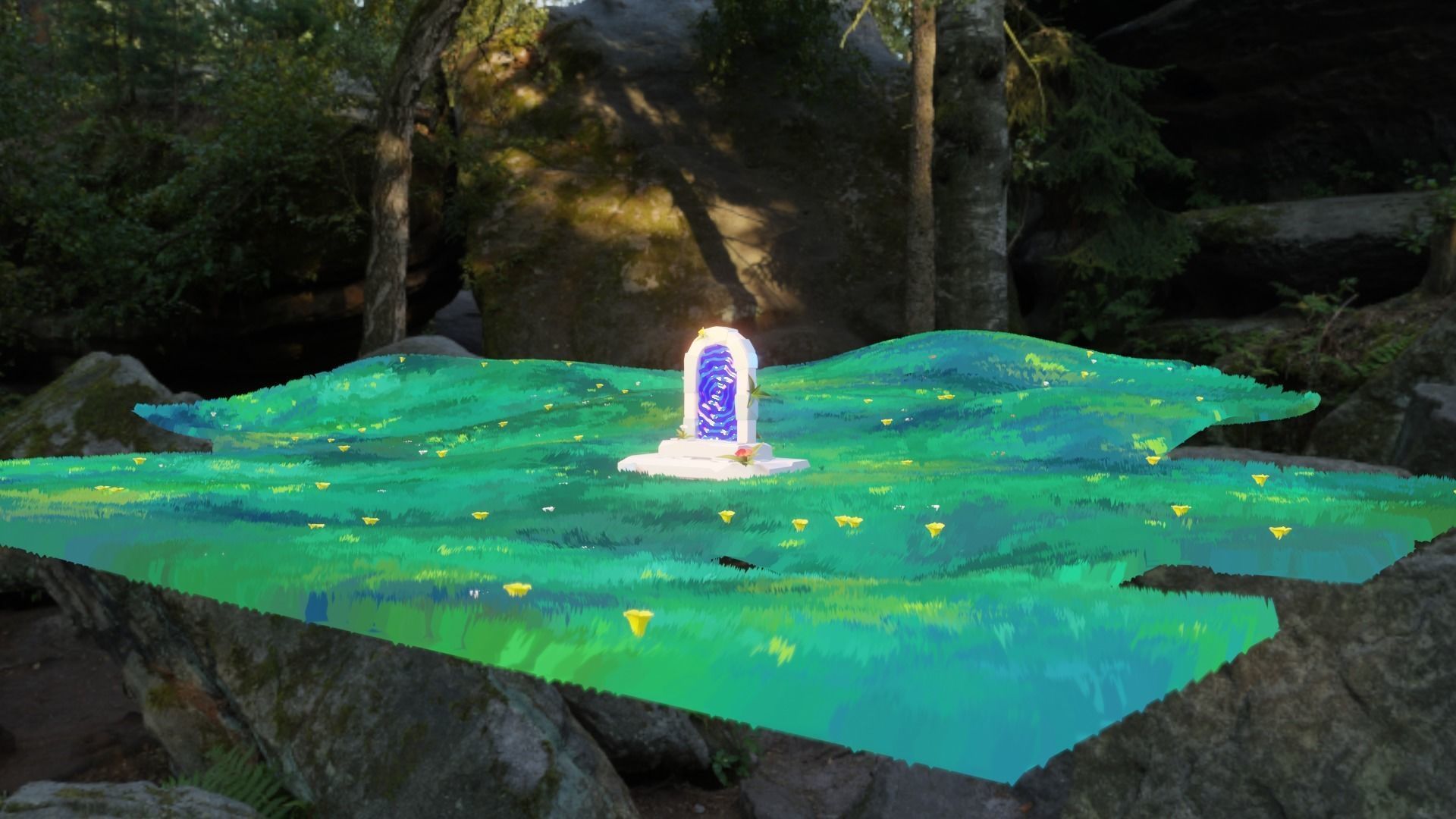 portal tombstone in middle of grassy field Low-poly 3D model_3