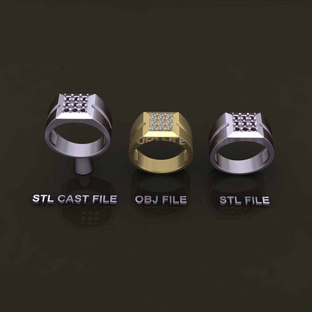 Signet Ring Square Cluster 9 Stone Mix Size 7-12 3D print model_2