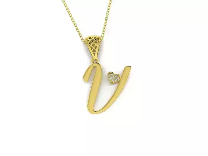 Diamond Alphabet Pendant Heart Letter V