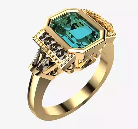 Emerald cut Princess cut and Baguette Gemstone Ring