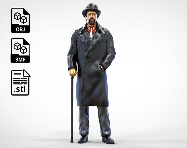Man wearing bowler hat and trench coat 3D print model