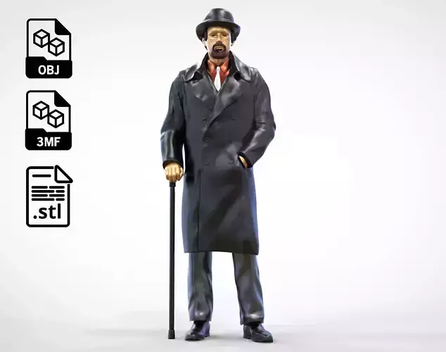 Man wearing bowler hat and trench coat 3D print model