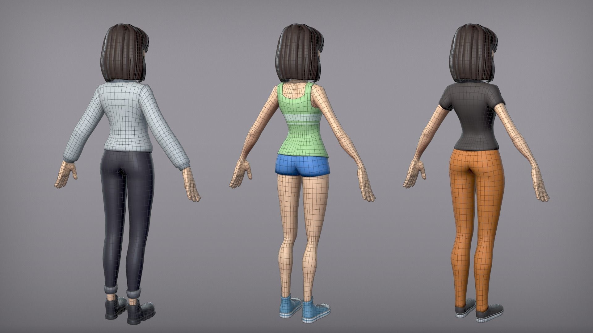 Cartoon Girl with 3 outfits Low-poly 3D model_6