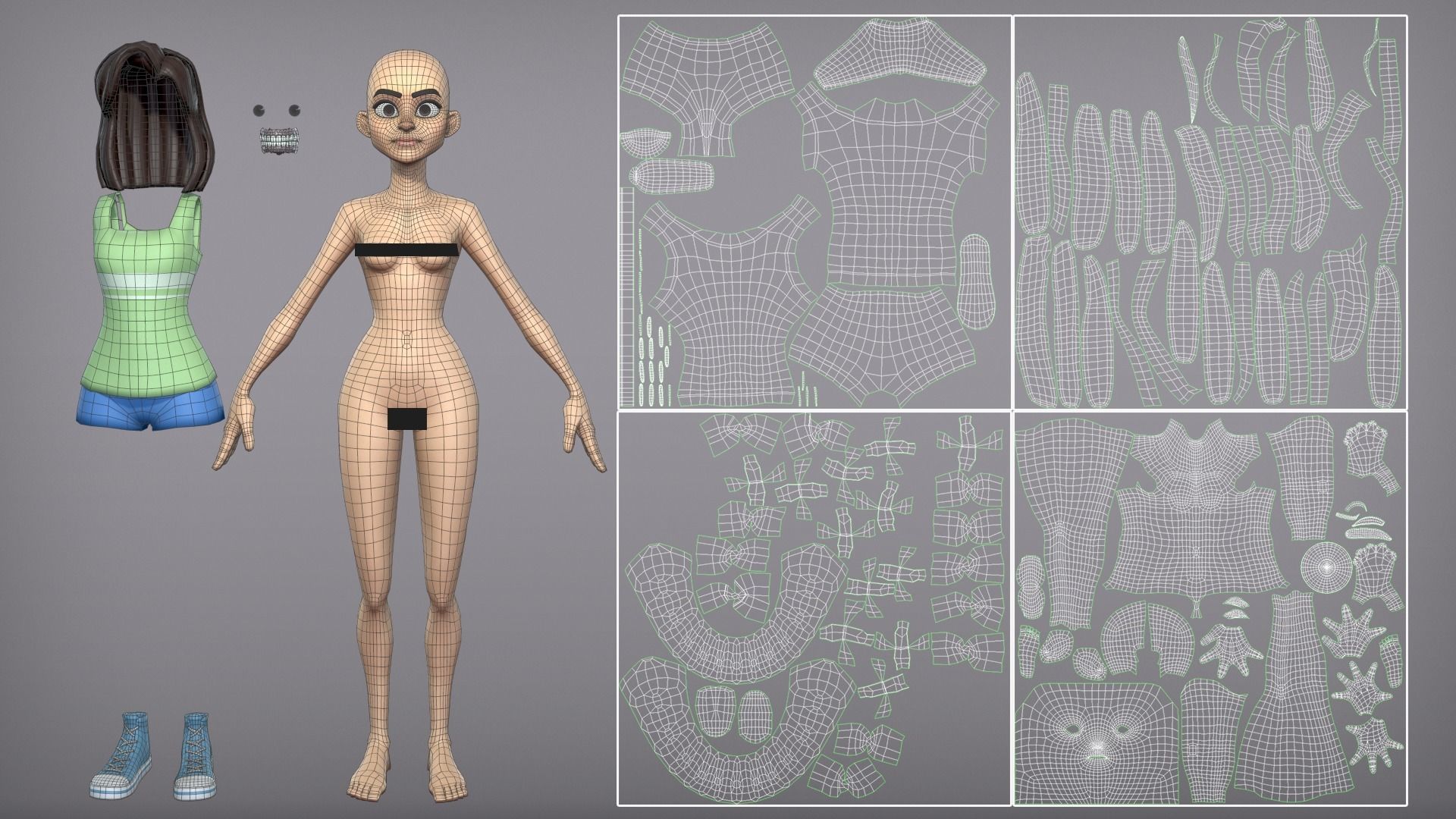 Cartoon Girl with 3 outfits Low-poly 3D model_8