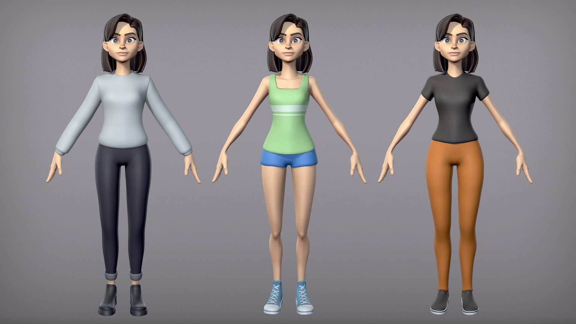 Cartoon Girl with 3 outfits Low-poly 3D model_2