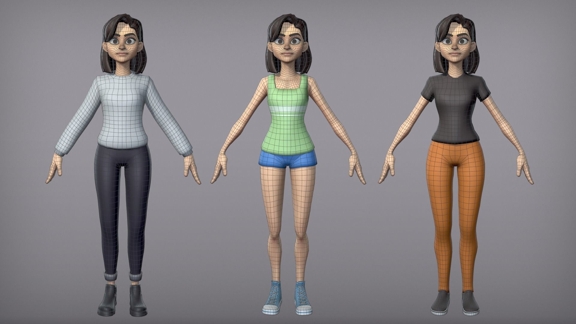Cartoon Girl with 3 outfits Low-poly 3D model_5