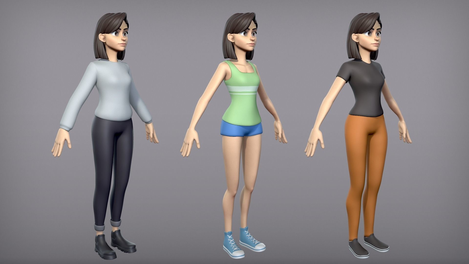Cartoon Girl with 3 outfits Low-poly 3D model_3