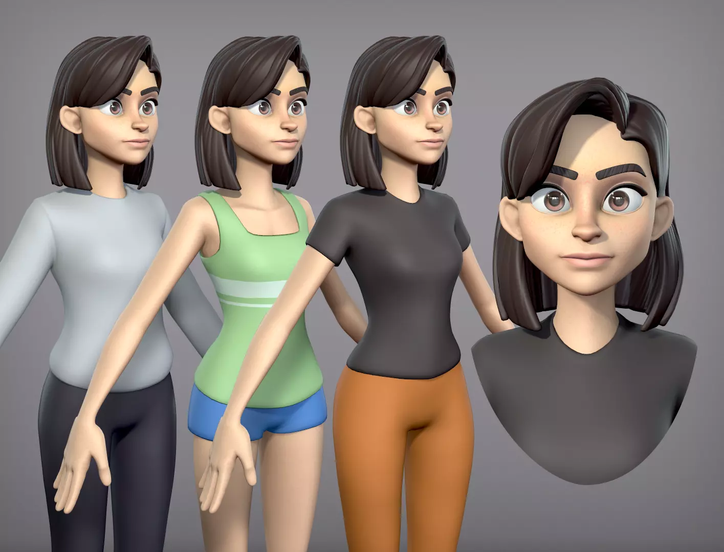 Cartoon Girl with 3 outfits Low-poly 3D model_0