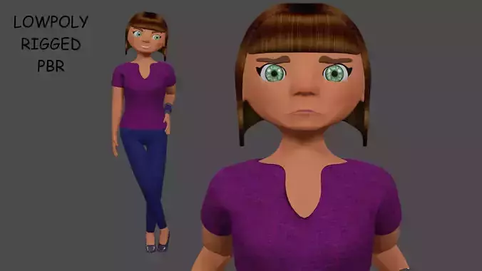 3D CARTOON WOMAN CHARACTER RIGGED - LOWPOLY 