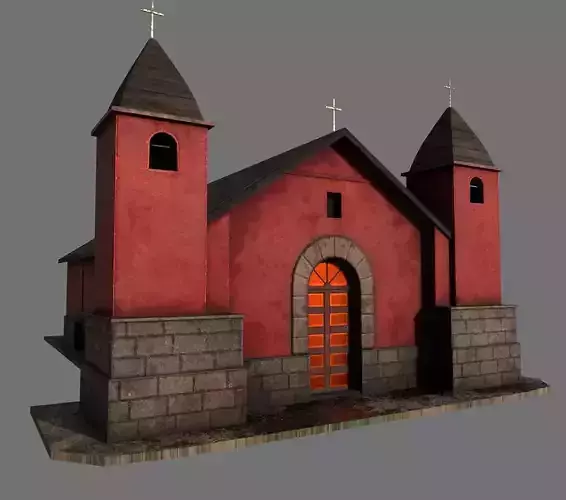Medieval wooden church Low-poly 3D model