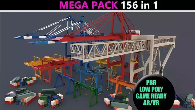 PBR Gantry Cranes and Cargo Containers - Mega Pack 3D Model Collection