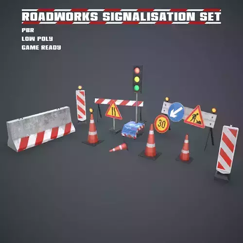 Roadworks traffic signs set Low-poly 3D model