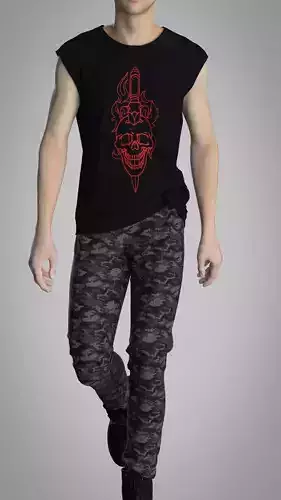 Male set man wearing t - shirt and camouflage pants