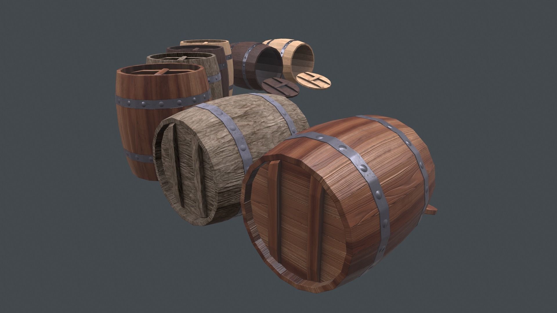 Barrels set of wooden Low-poly 3D model_5