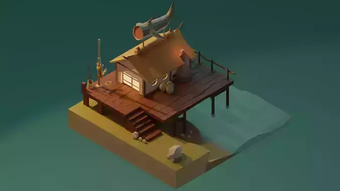 House low poly wooden on island