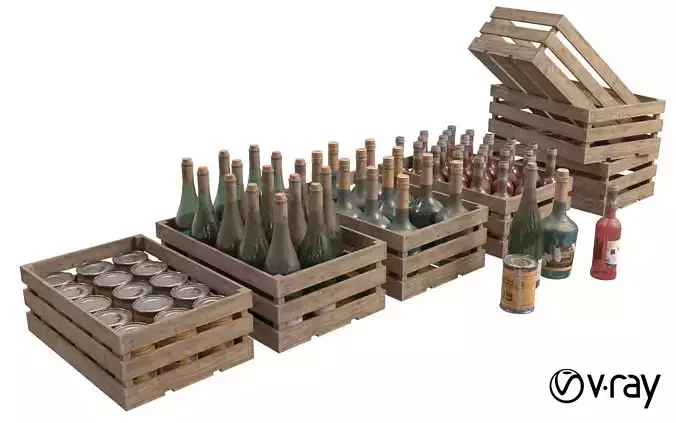 Wooden box and bottle  PBR Game Ready  Low-poly 3D model