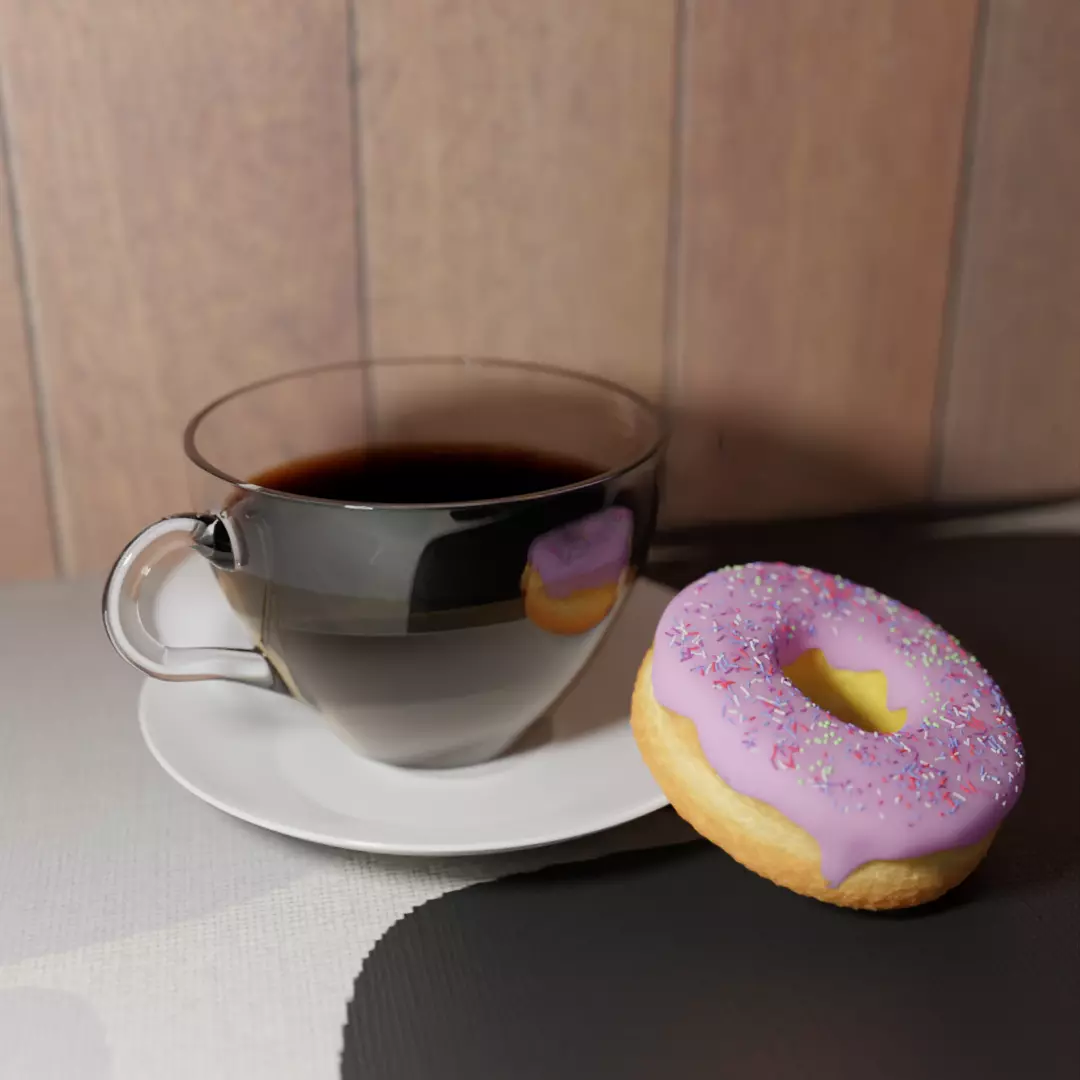 Donut on plate with cup of coffee 3D model_0