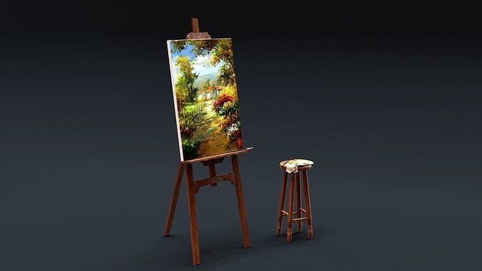 Carved Wood Easel and Painting Set 3D model