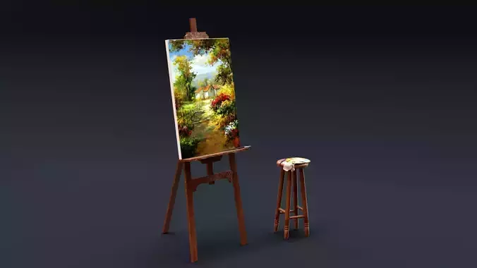 Carved Wood Easel and Painting Set 3D model