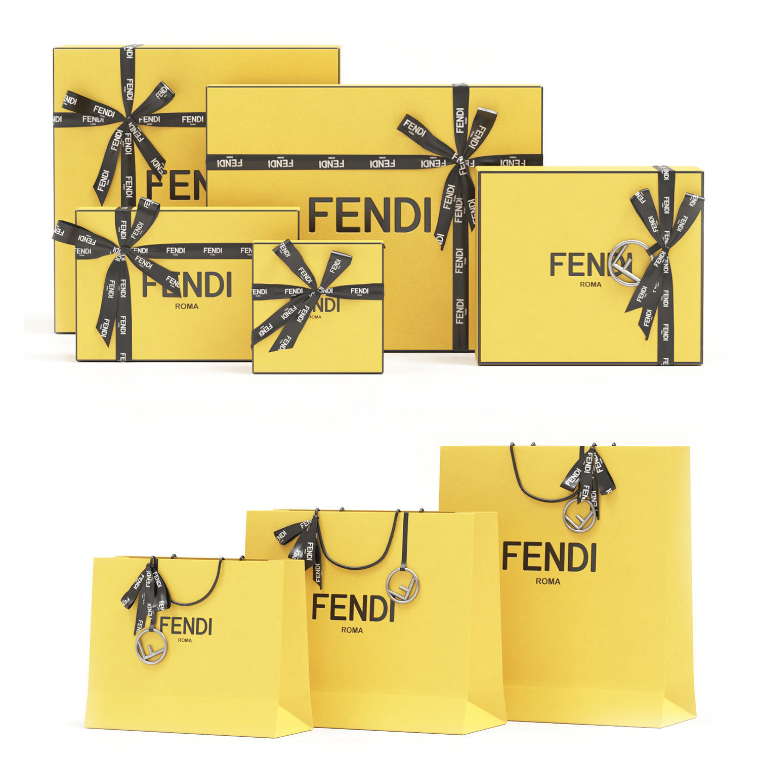 Fendi Luxury Packaging Boxes and Paper Bags Low-poly 3D model_1