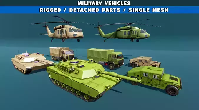 Military Vehicles and helicopter Low-poly 3D model