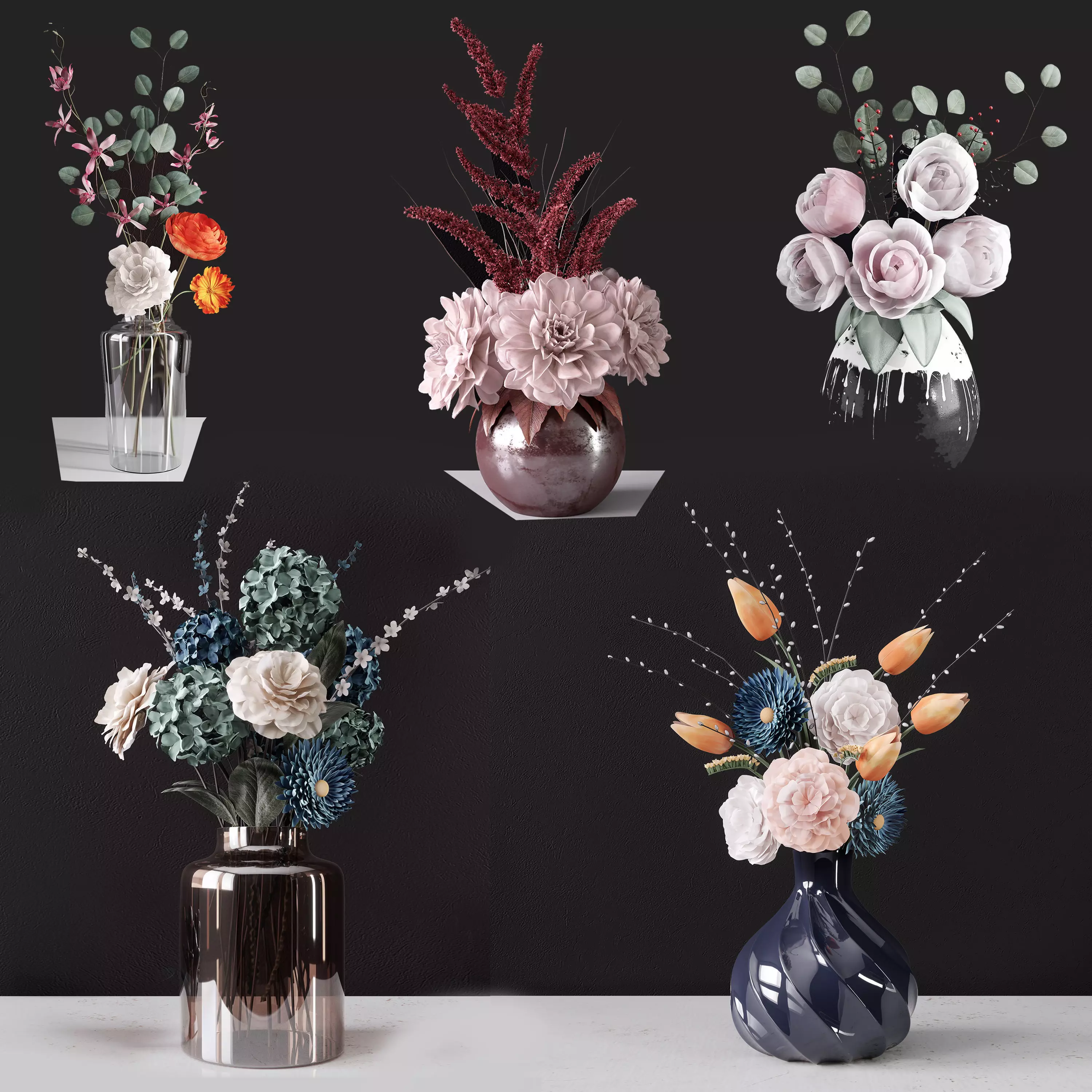Bouquets of flowers in vases 3D Model Collection_0