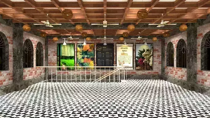 Retro Coffee shop interior and exterior scene 