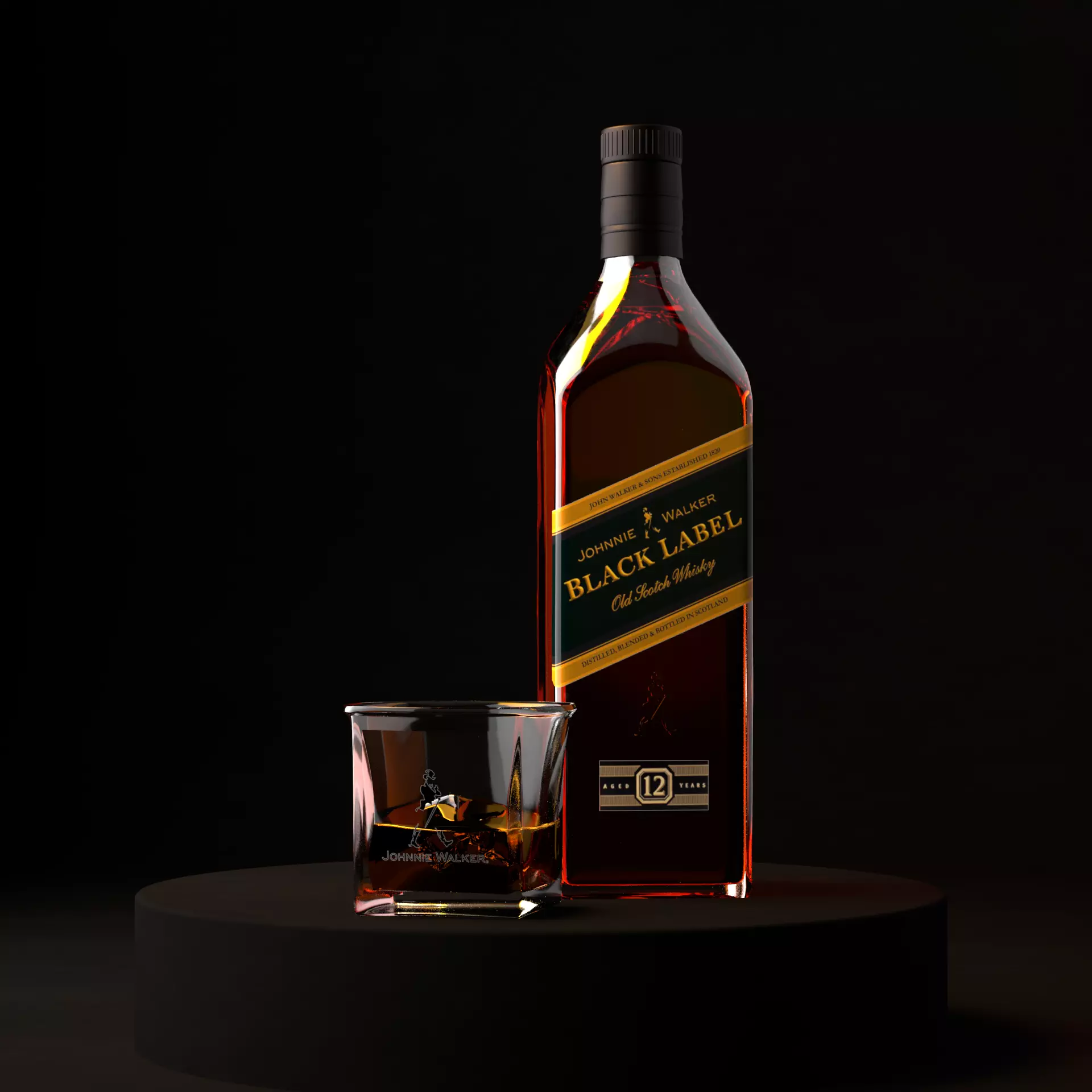 Black Label Whiskey bottle and glass 3D model  Low-poly 3D model_0