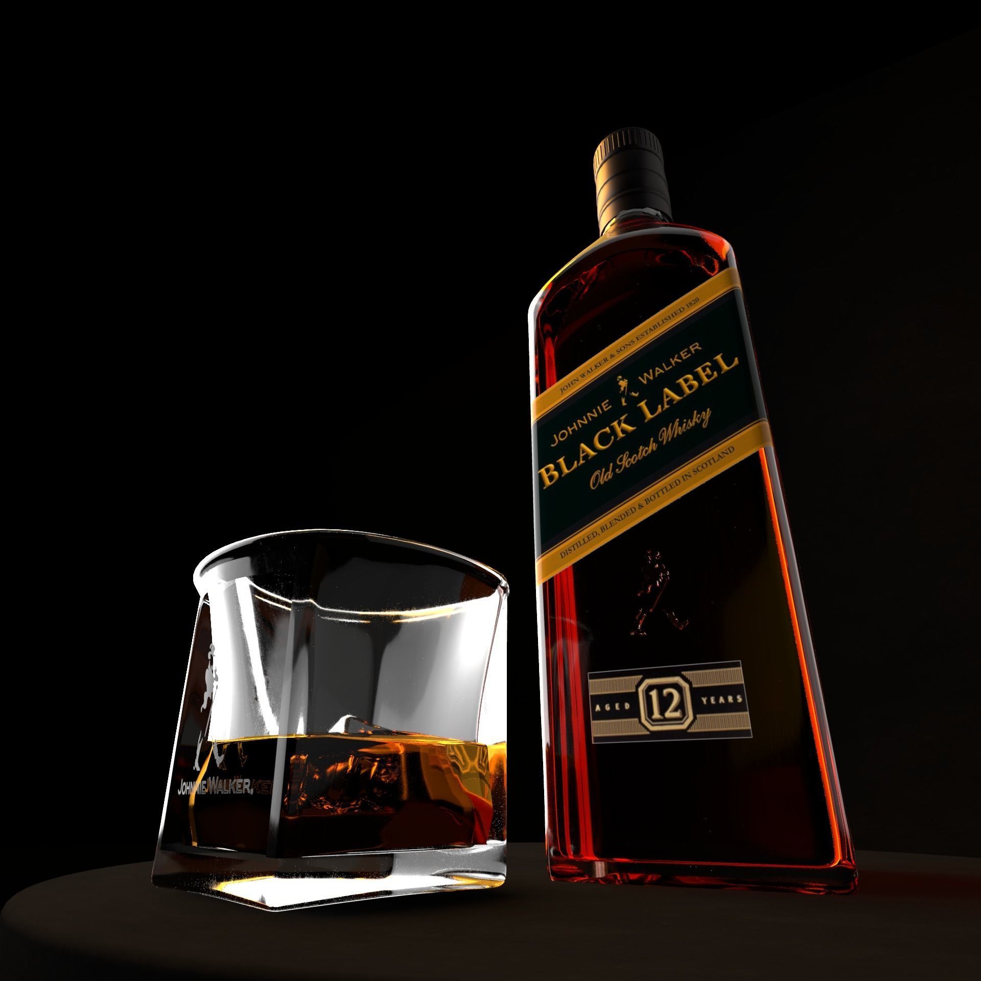 Black Label Whiskey bottle and glass 3D model  Low-poly 3D model_1