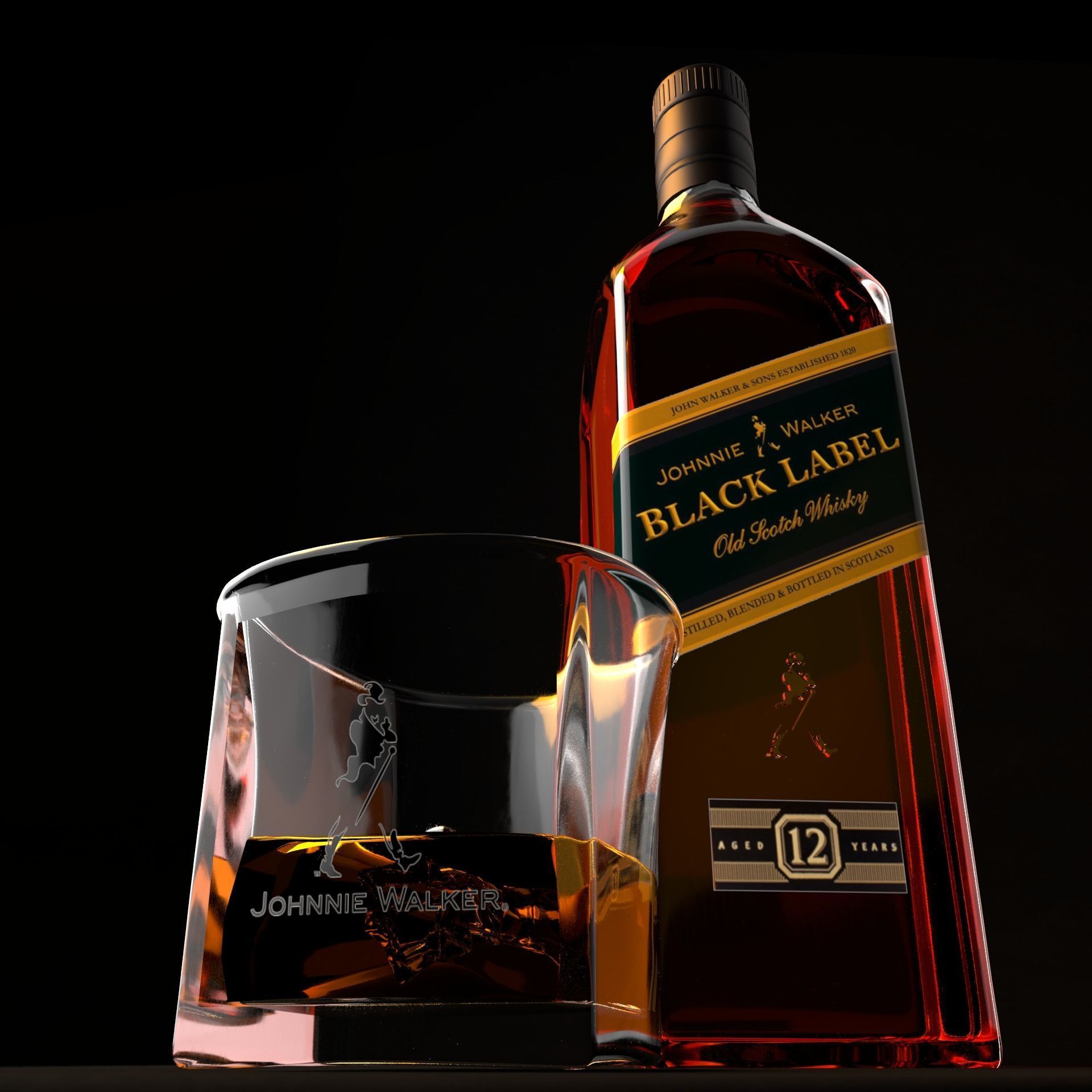 Black Label Whiskey bottle and glass 3D model  Low-poly 3D model_2