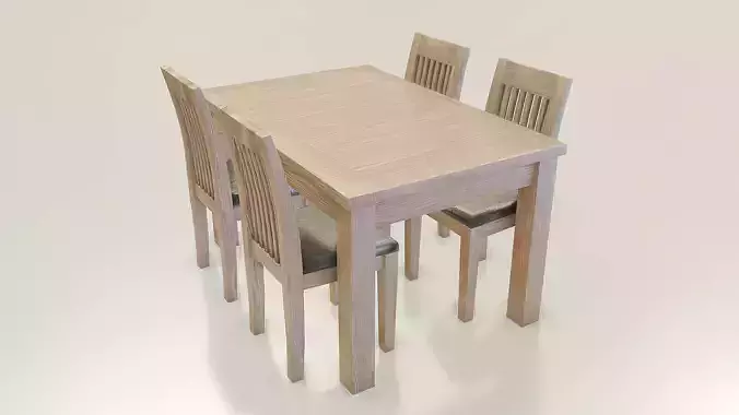 Oak Dining Room Table and Chairs - Low Poly Asset Set
