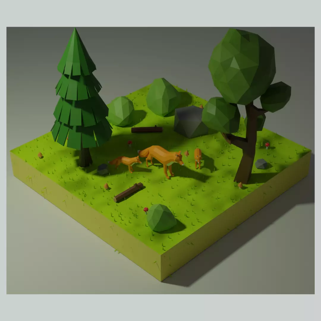 Lowpoly Fox Scene  Low-poly 3D model_0