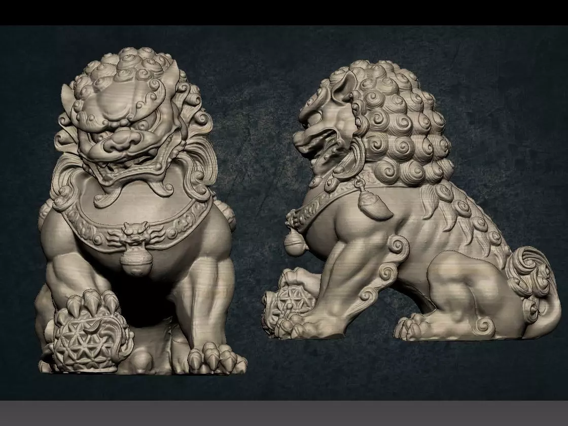 Unicorn two statues of chinese lion 3D model