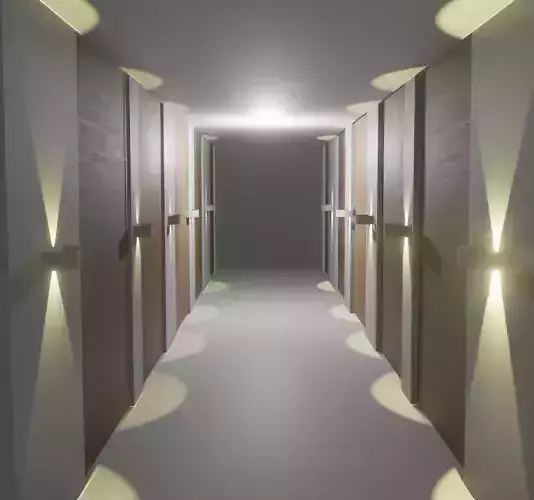 HOTEL hallway with wooden doors and lights