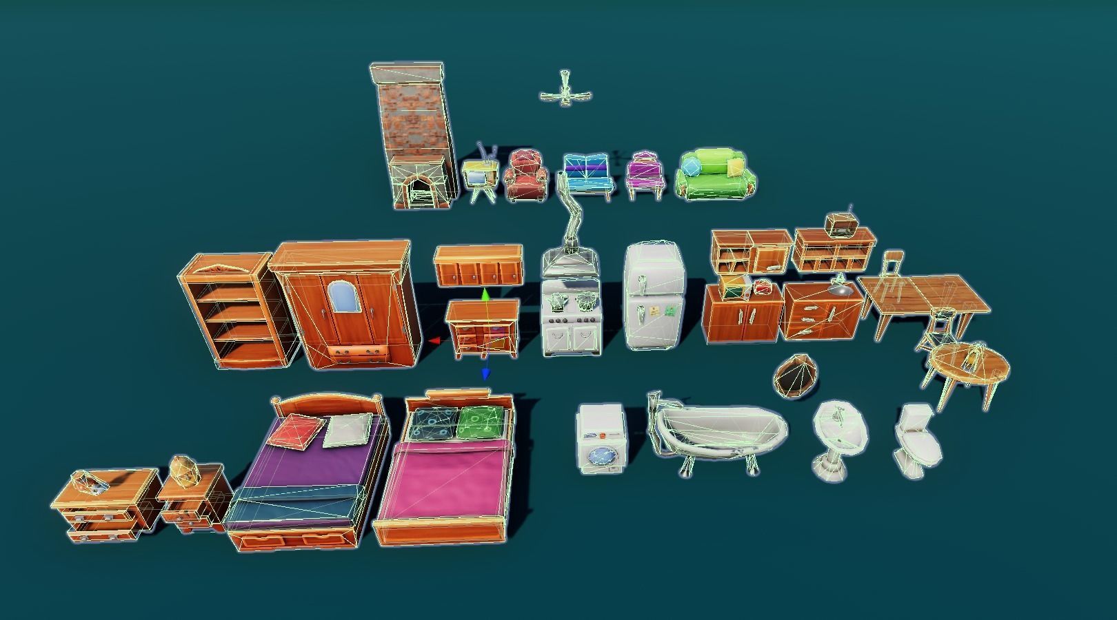 Bedroom and kitchen furniture stylized Low-poly 3D model_6