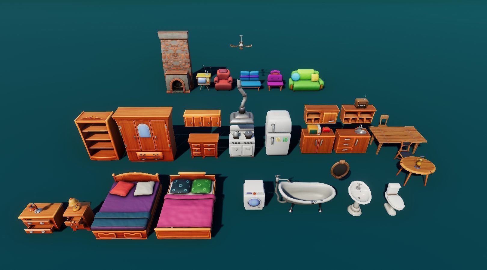 Bedroom and kitchen furniture stylized Low-poly 3D model_5