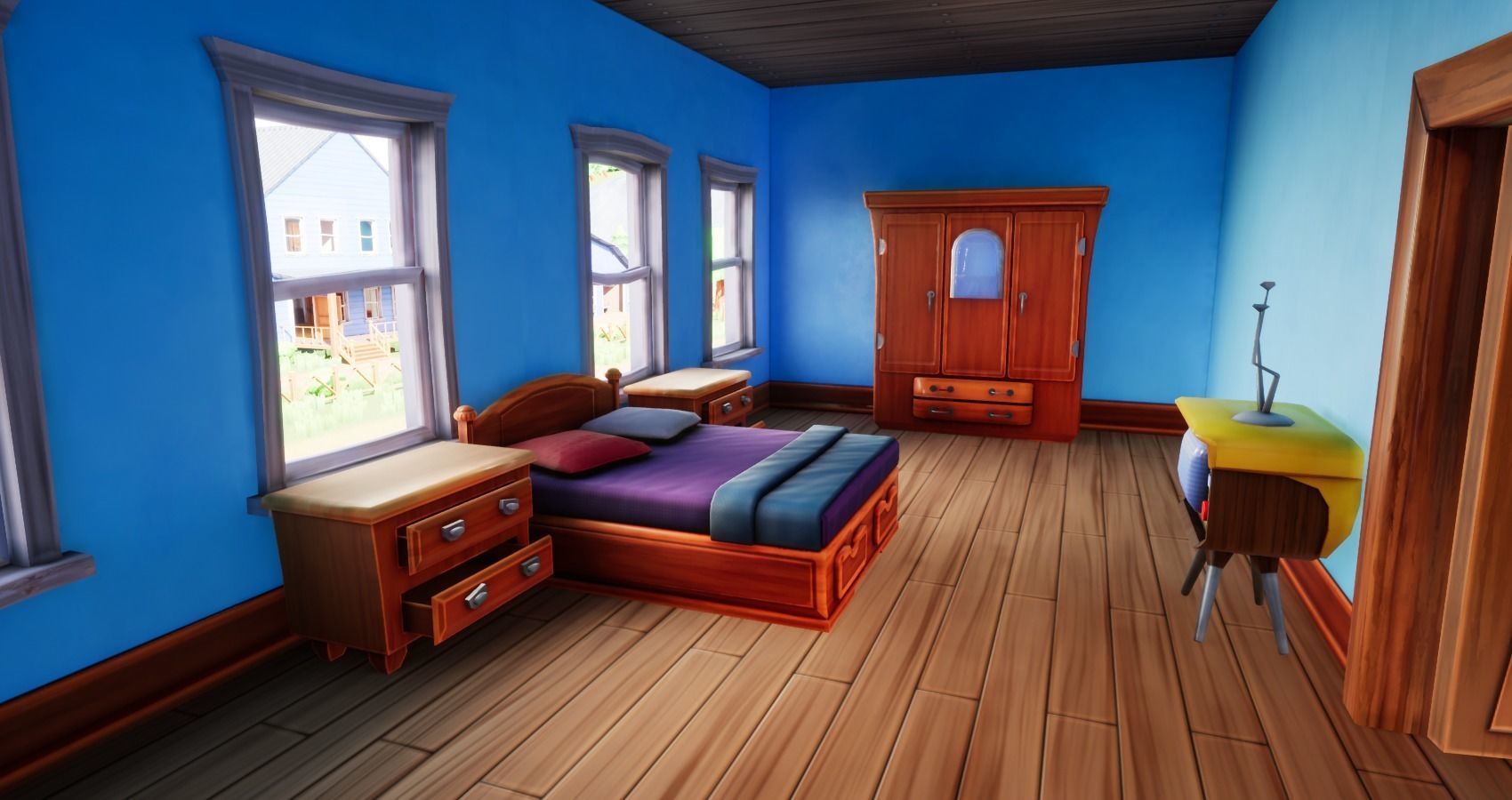 Bedroom and kitchen furniture stylized Low-poly 3D model_7