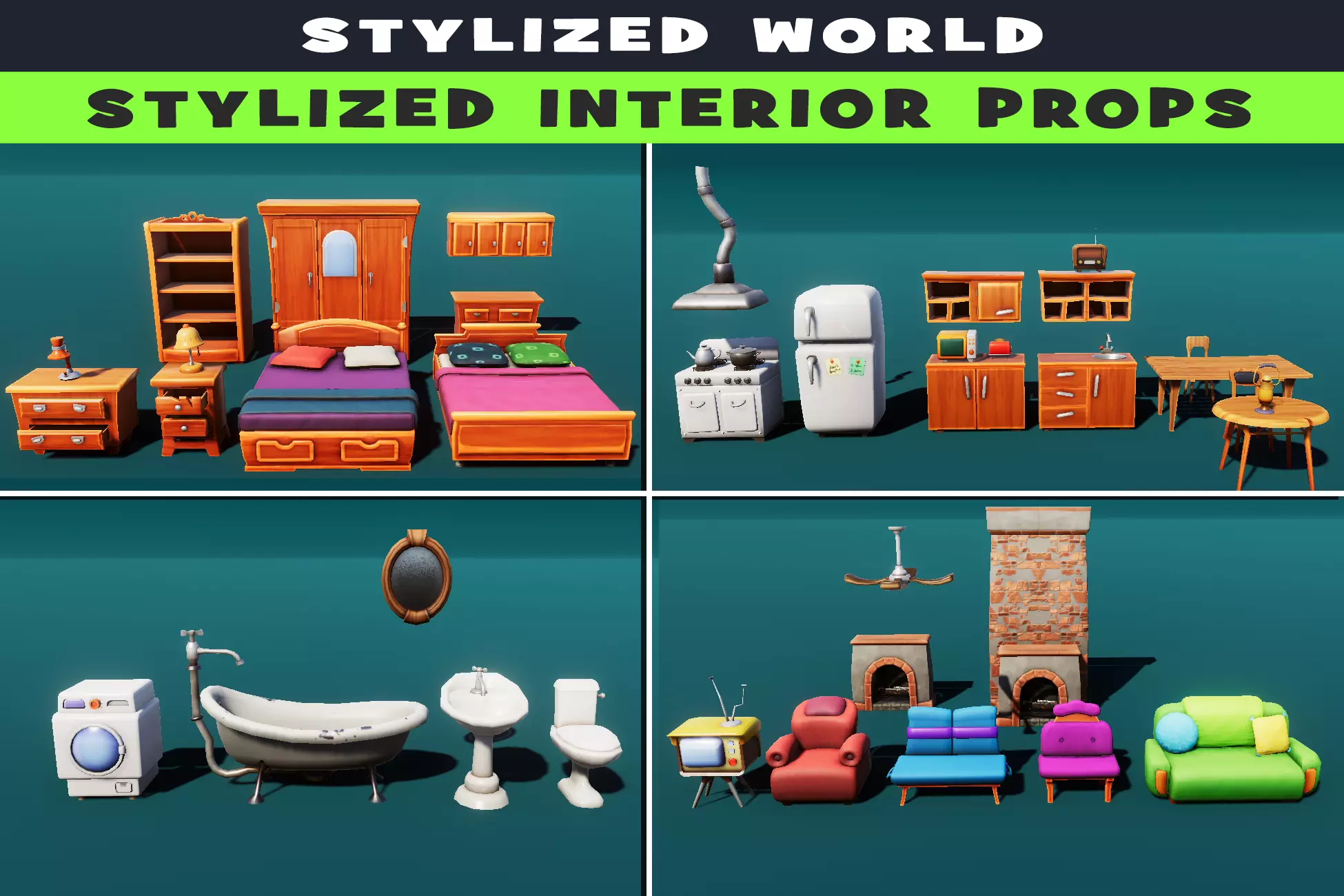 Bedroom and kitchen furniture stylized Low-poly 3D model_0