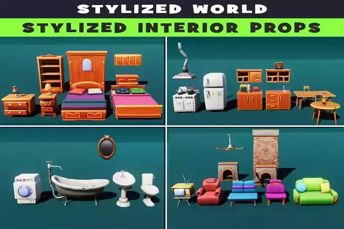 Bedroom and kitchen furniture stylized Low-poly 3D model