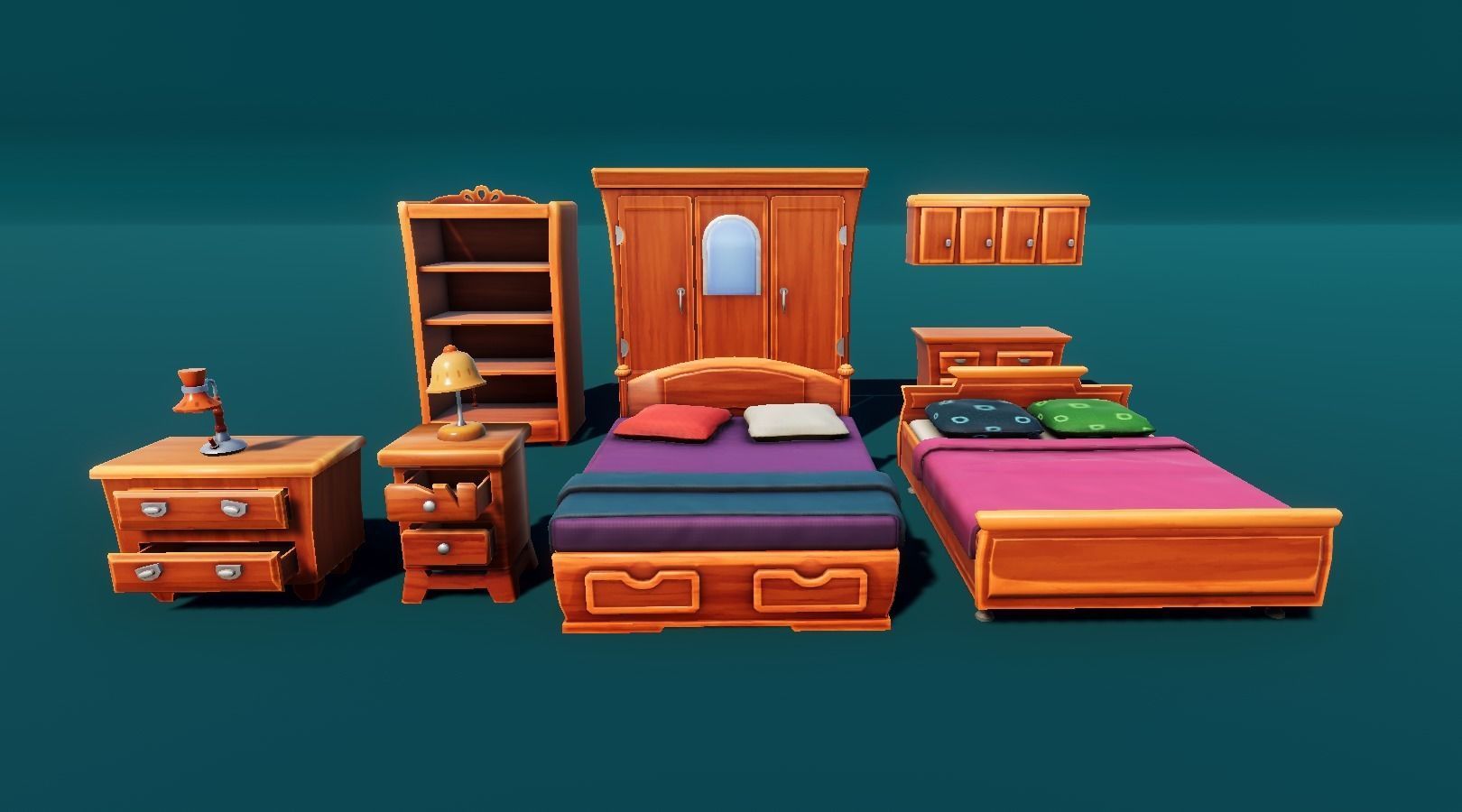 Bedroom and kitchen furniture stylized Low-poly 3D model_1