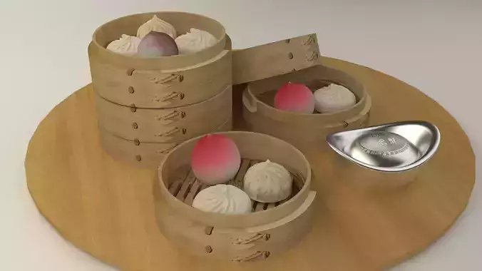 Chinese  dim sum bamboo streamer with gold ingot