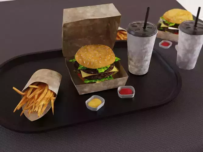 Burger set hamburger and fries on tray