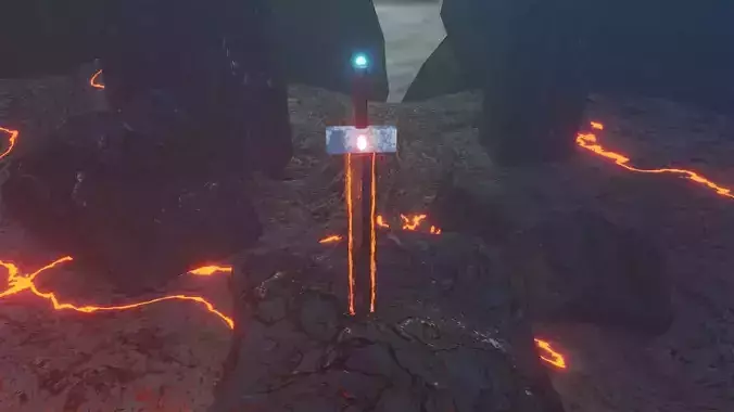 Medieval sword in ruins with lightning and animated