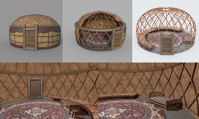 Old Mongolian Yurt and Interior Low-poly 3D model