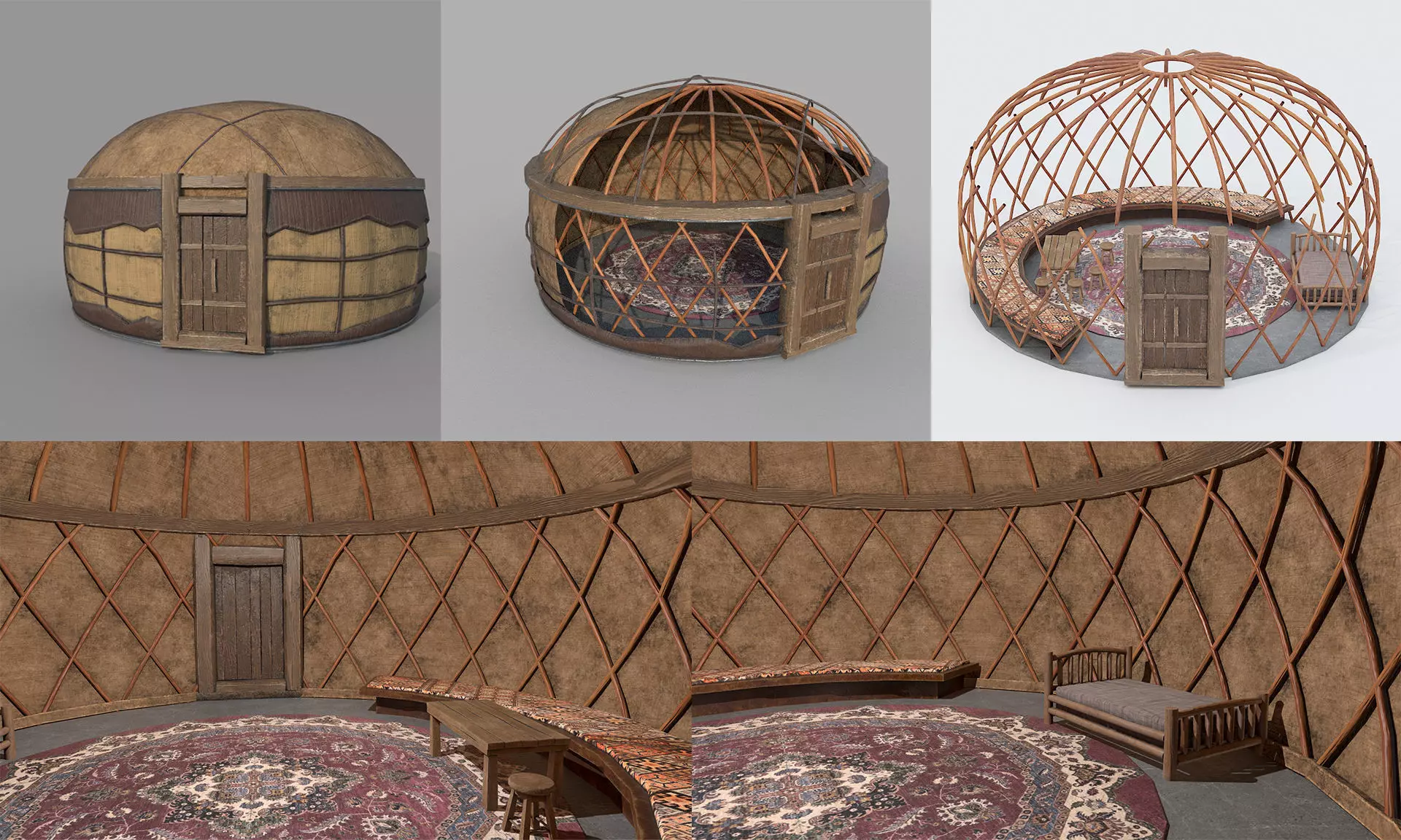 Old Mongolian Yurt and Interior Low-poly 3D model_0