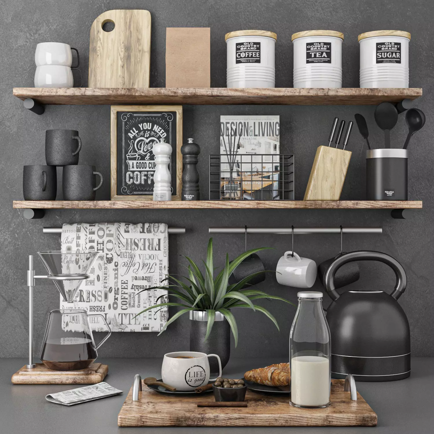 kitchen set 9 shelf with pots and pans 3D model