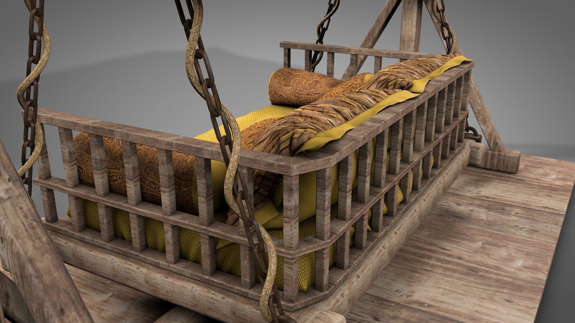 Wooden Swing Bed 3D model_8